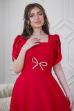 Red Beaded Short Sleeve Midi Dress 