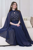 Long chiffon dress embroidered with a scarf in navy blue 