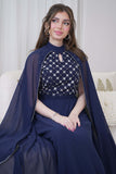 Long chiffon dress embroidered with a scarf in navy blue 