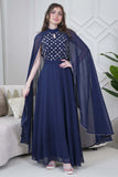 Long chiffon dress embroidered with a scarf in navy blue 