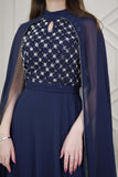 Long chiffon dress embroidered with a scarf in navy blue 