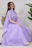 Long chiffon dress embroidered with a purple scarf 