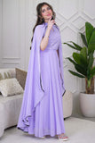 Long chiffon dress embroidered with a purple scarf 