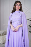 Long chiffon dress embroidered with a purple scarf 