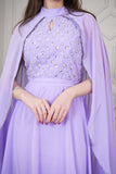 Chiffon midi dress embroidered with a purple scarf 