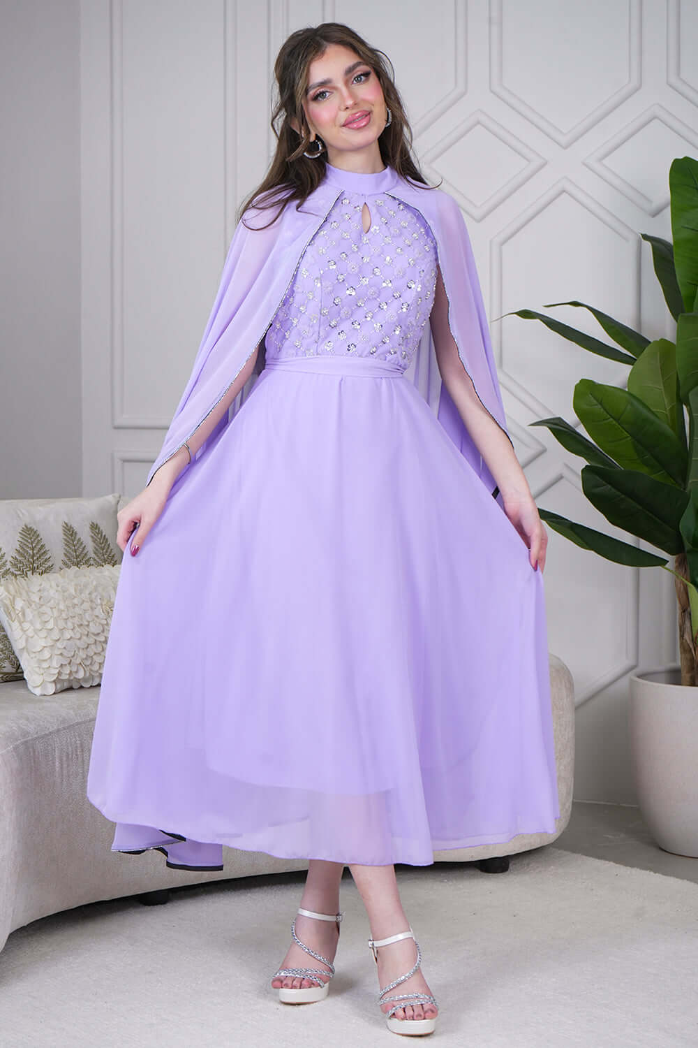 Chiffon midi dress embroidered with a purple scarf 