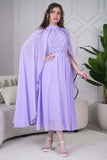 Chiffon midi dress embroidered with a purple scarf 