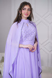 Chiffon midi dress embroidered with a purple scarf 