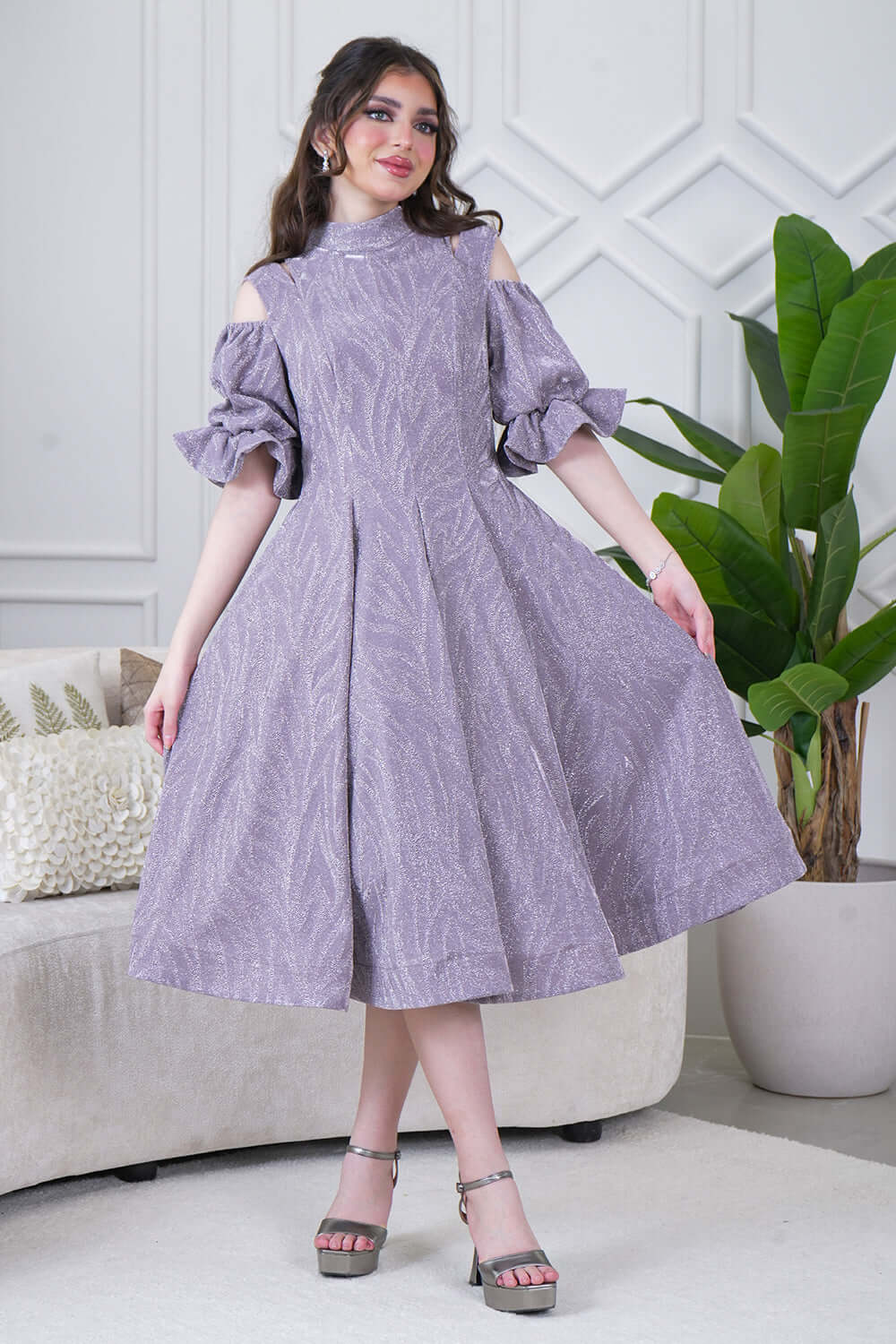 Off Shoulder Midi Dress in Purple 