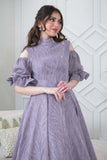 Off Shoulder Midi Dress in Purple 