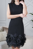 Classic short dress with prominent flowers in black 