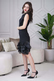 Classic short dress with prominent flowers in black 