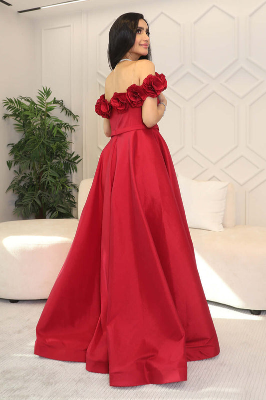فستان سهرة تفتة أوف شولدر لون احمر