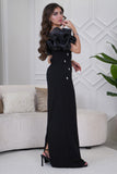 Classic long dress with a slim cut and decorated with crystals in black 