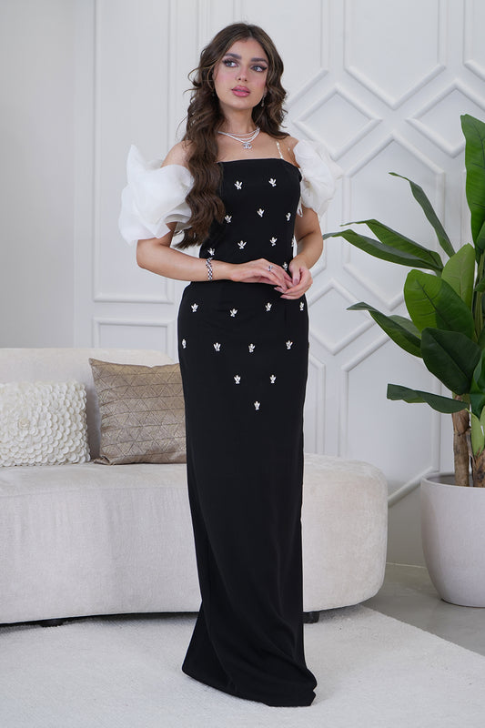 Classic long dress with a slim cut and decorated with crystals in white 