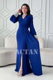 Blue stretch dress with sleeves decorated with stones 