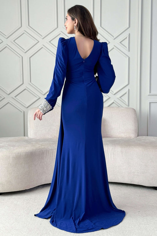 Blue stretch dress with sleeves decorated with stones 