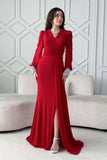 Red stretch dress with sleeves decorated with rhinestones 