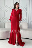 Red stretch dress with sleeves decorated with rhinestones 