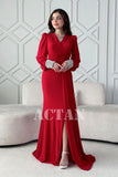 Red stretch dress with sleeves decorated with rhinestones 