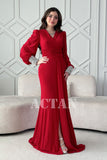 Red stretch dress with sleeves decorated with rhinestones 