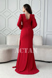 Red stretch dress with sleeves decorated with rhinestones 