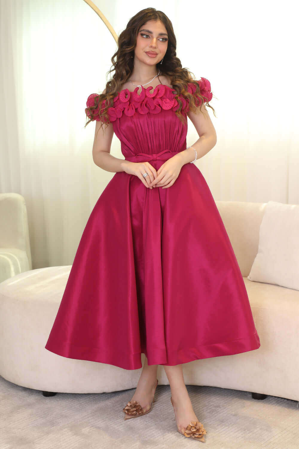 Off-shoulder taffeta evening dress 