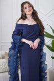 Off Shoulder Long Dress with Slim Fit in Navy Blue 