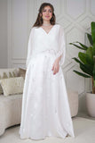 Long white draped dress with pearls 