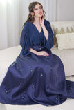 Long draped dress with pearls in navy blue 