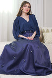 Long draped dress with pearls in navy blue 