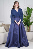 Long draped dress with pearls in navy blue 