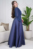 Long draped dress with pearls in navy blue 