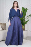 Long draped dress with pearls in navy blue 