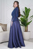 Long draped dress with pearls in navy blue 