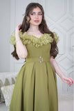 Off Shoulder Long Dress with Green Roses 