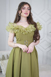 Off Shoulder Long Dress with Green Roses 