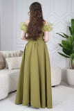 Off Shoulder Long Dress with Green Roses 