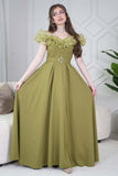 Off Shoulder Long Dress with Green Roses 