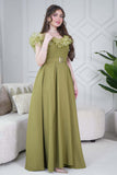 Off Shoulder Long Dress with Green Roses 