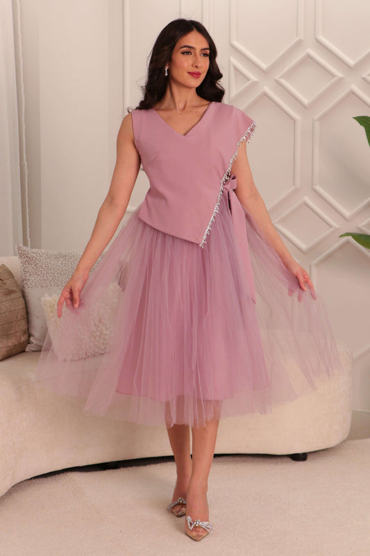 Pink Crystal Embellished Side Tie Tulle Midi Dress 