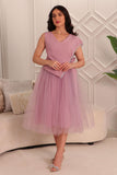 Pink Crystal Embellished Side Tie Tulle Midi Dress 