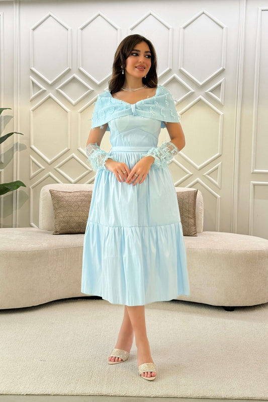 Sky blue off shoulder midi dress with belt 