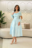 Sky blue off shoulder midi dress with belt 