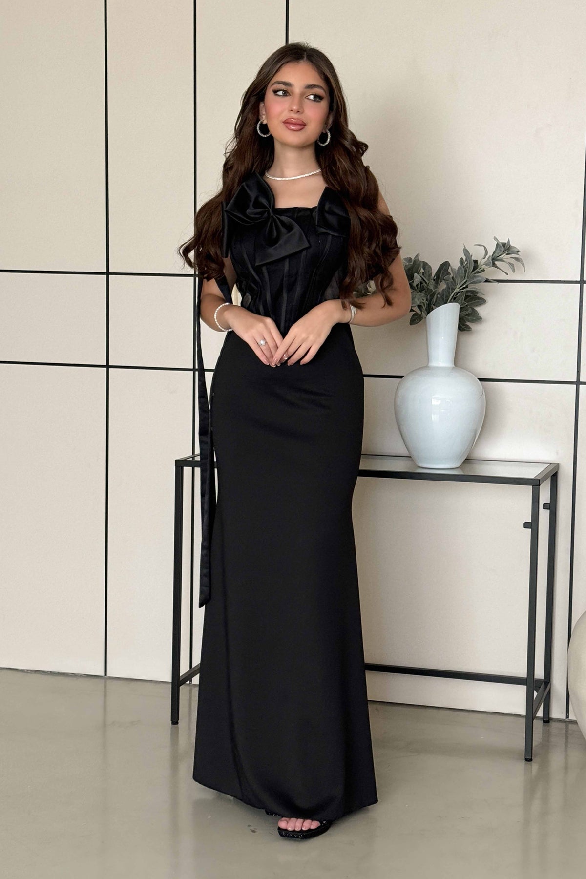 Black long corset dress with bow 