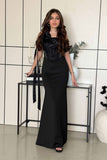 Black long corset dress with bow 