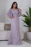 Long embroidered evening dress decorated with rhinestones in pink color 