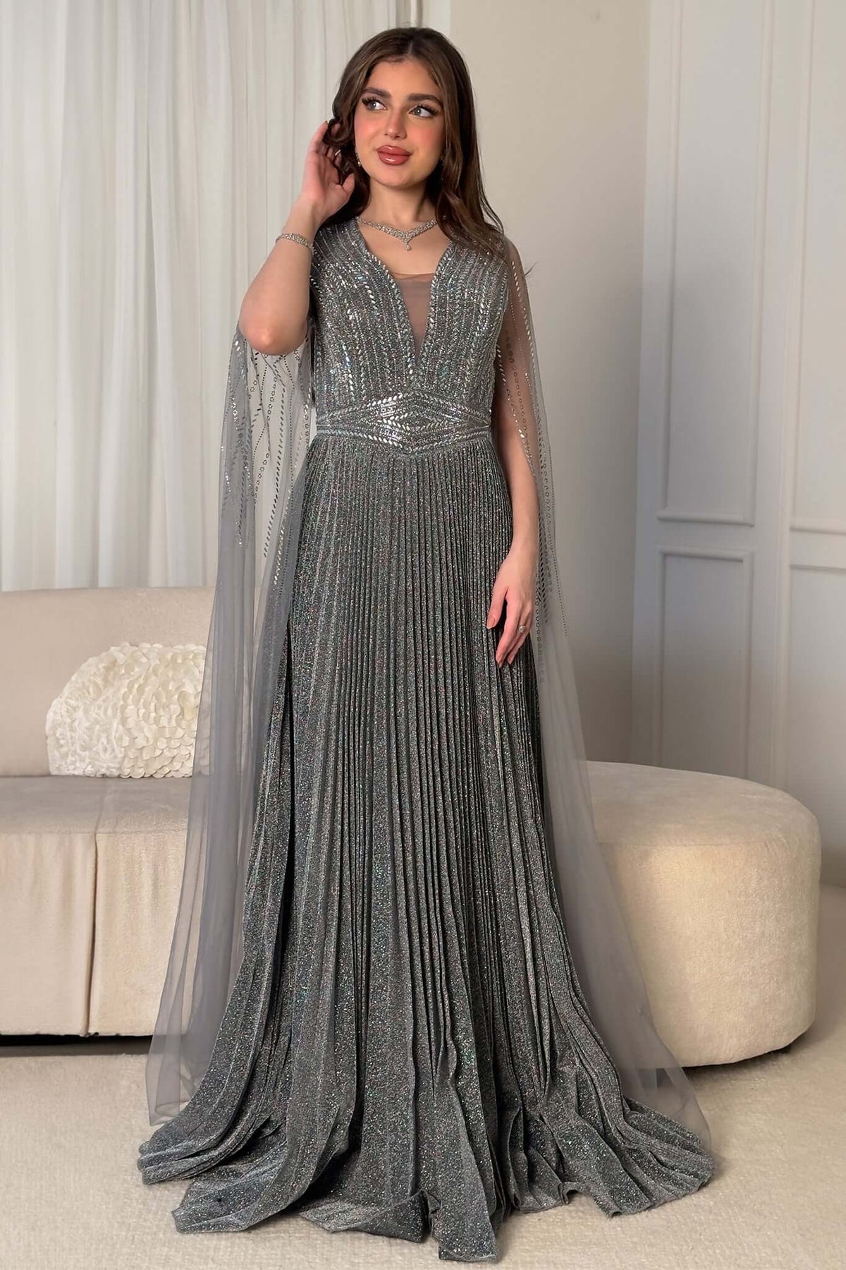 Dark Grey Beaded Long Evening Dress Evening Dresses