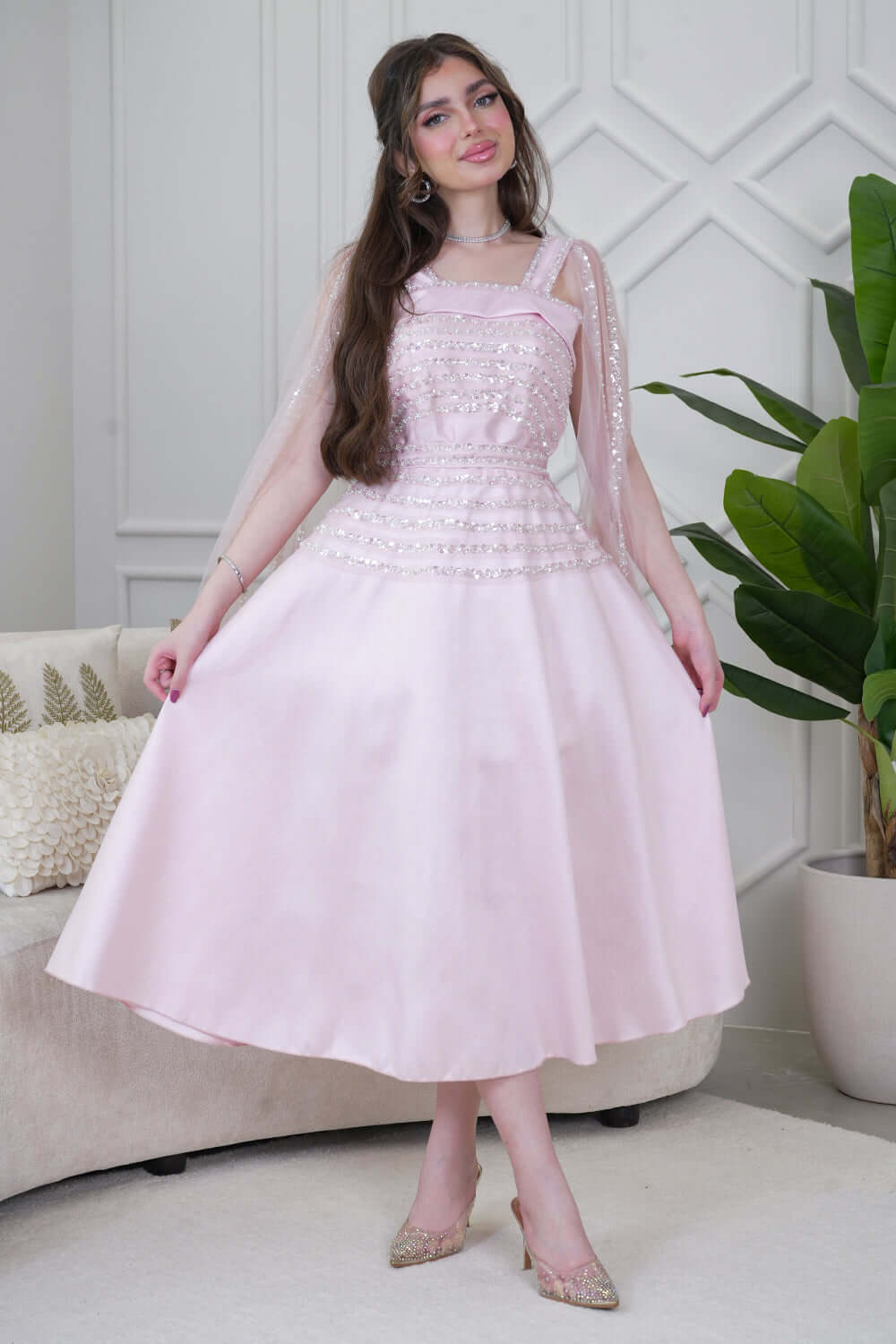 Pink Chiffon Cape Sleeve Beaded Midi Dress 