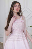 Pink Chiffon Cape Sleeve Beaded Midi Dress 